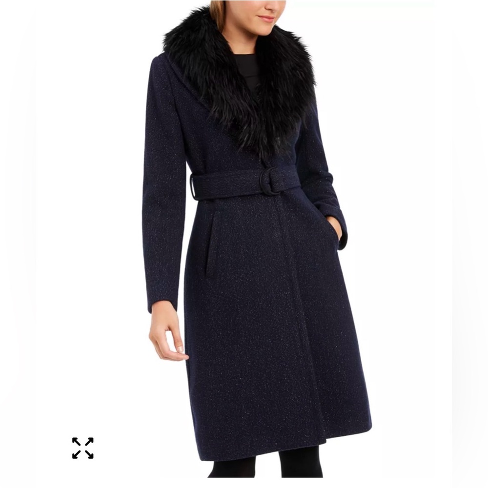 New Guess Navy Coat with Faux Fur Collar Size M